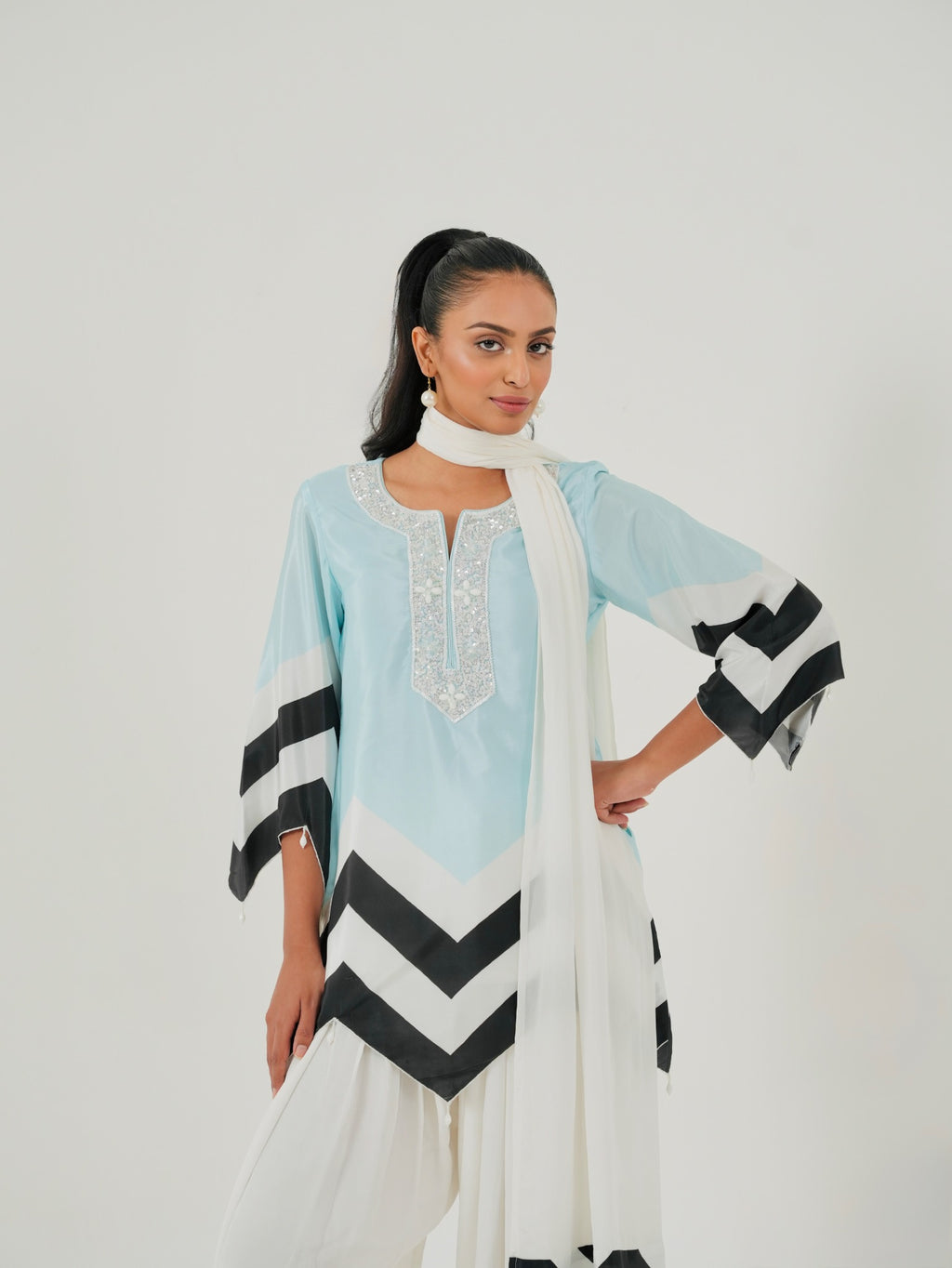 Front look of Mint Blue Chevron kurta set