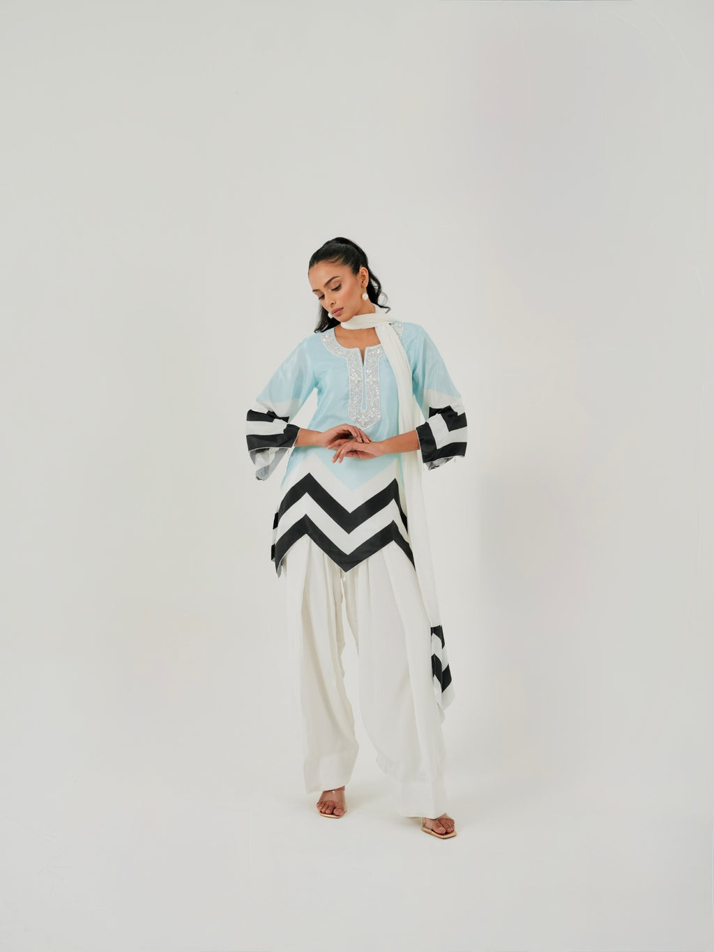 Full look of Mint Blue Chevron kurta with white Farshi salwar