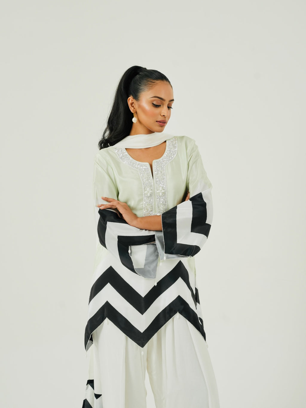 Mint Green Chevron hand embroidered kurta set with white Farshi salwar