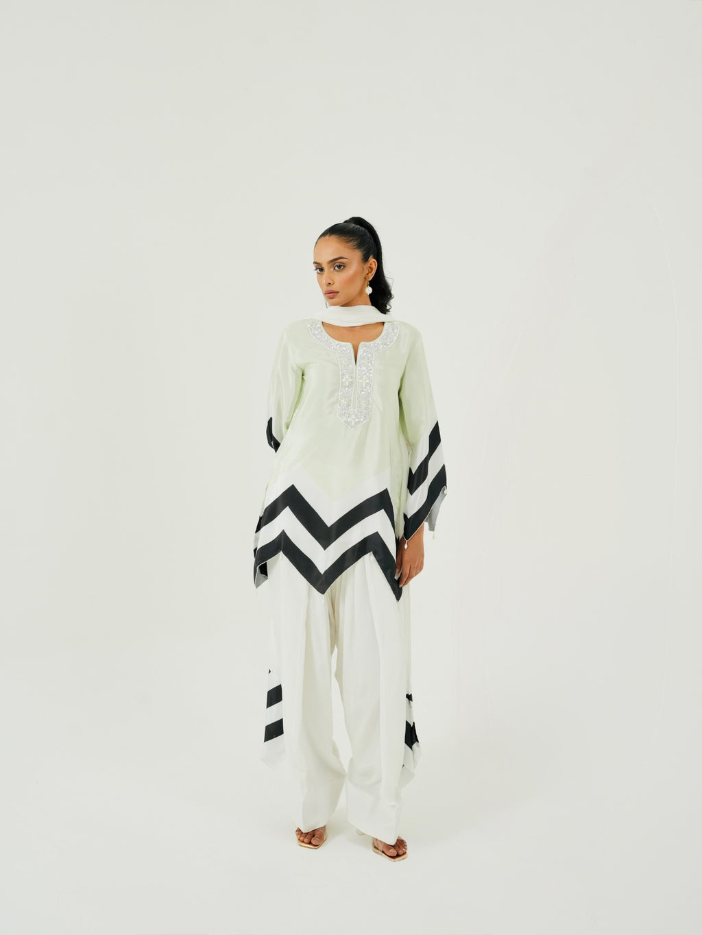Full look of Mint Green Chevron kurta with white Farshi salwar