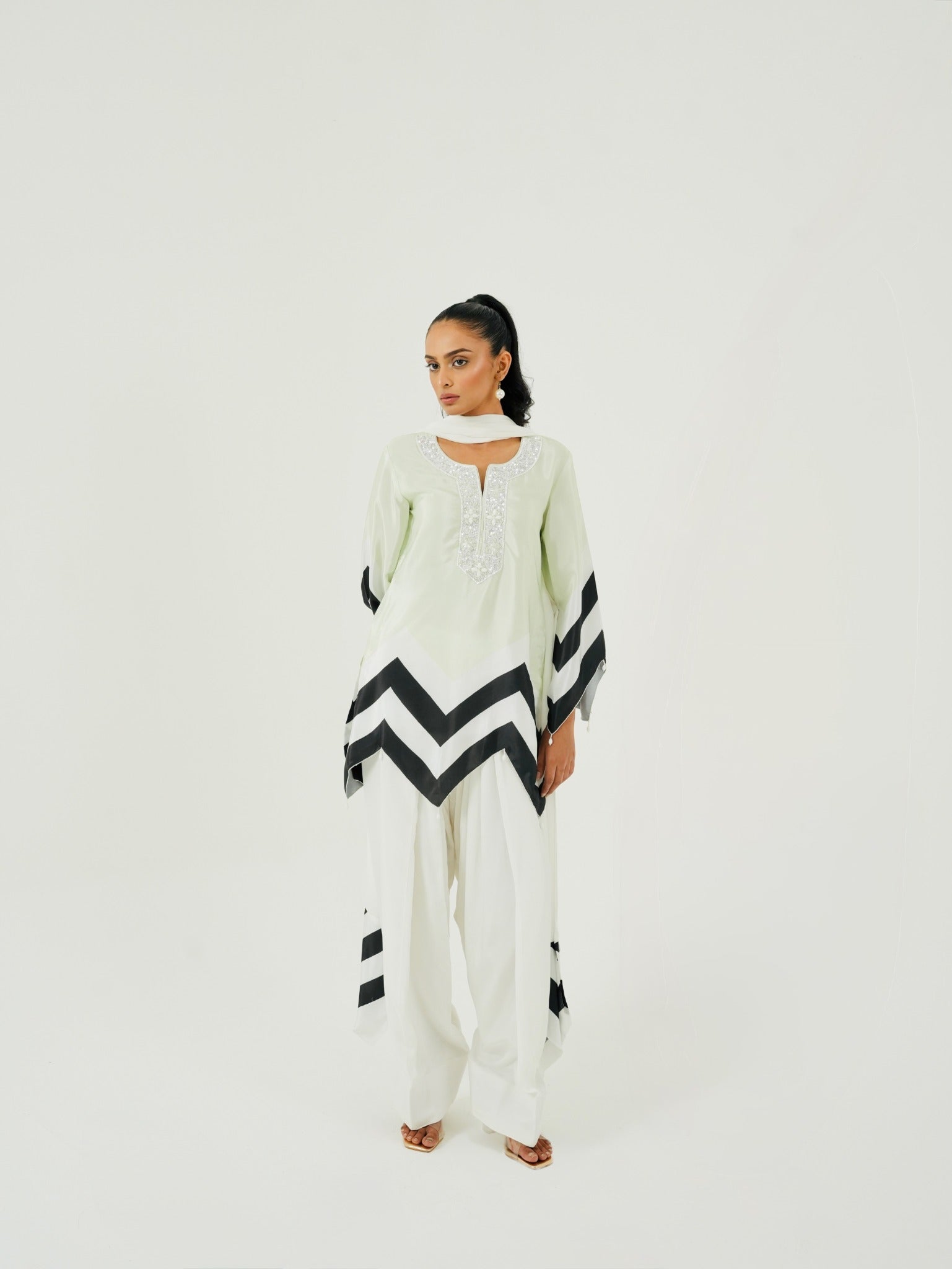 Full look of Mint Green Chevron kurta with white Farshi salwar