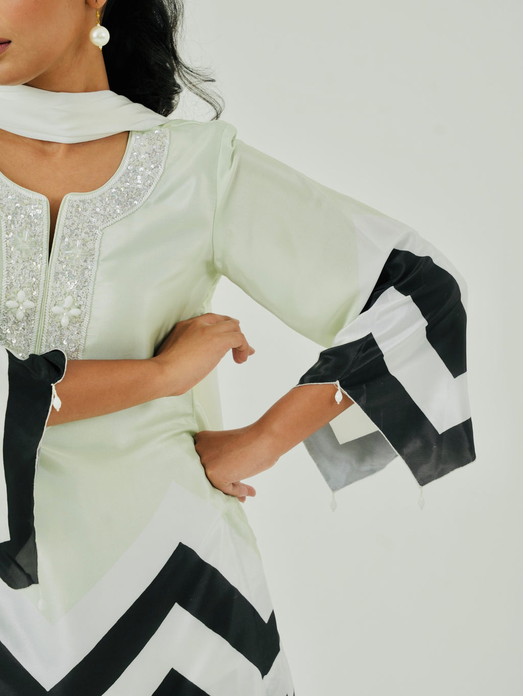 Hand embroidery detail on Mint Green Chevron kurta set