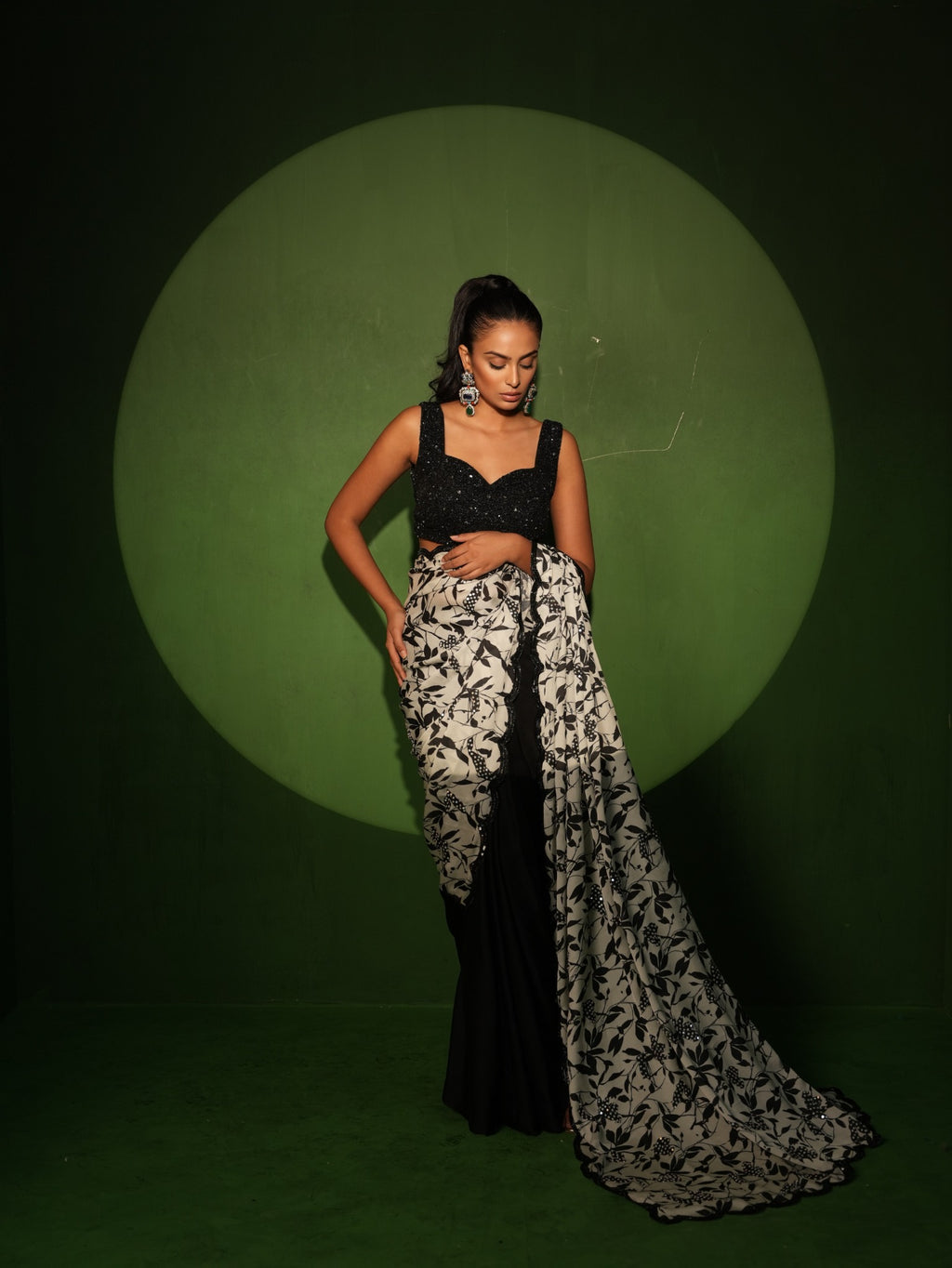 Monochrome Printed Georgette Satin Saree draped look
