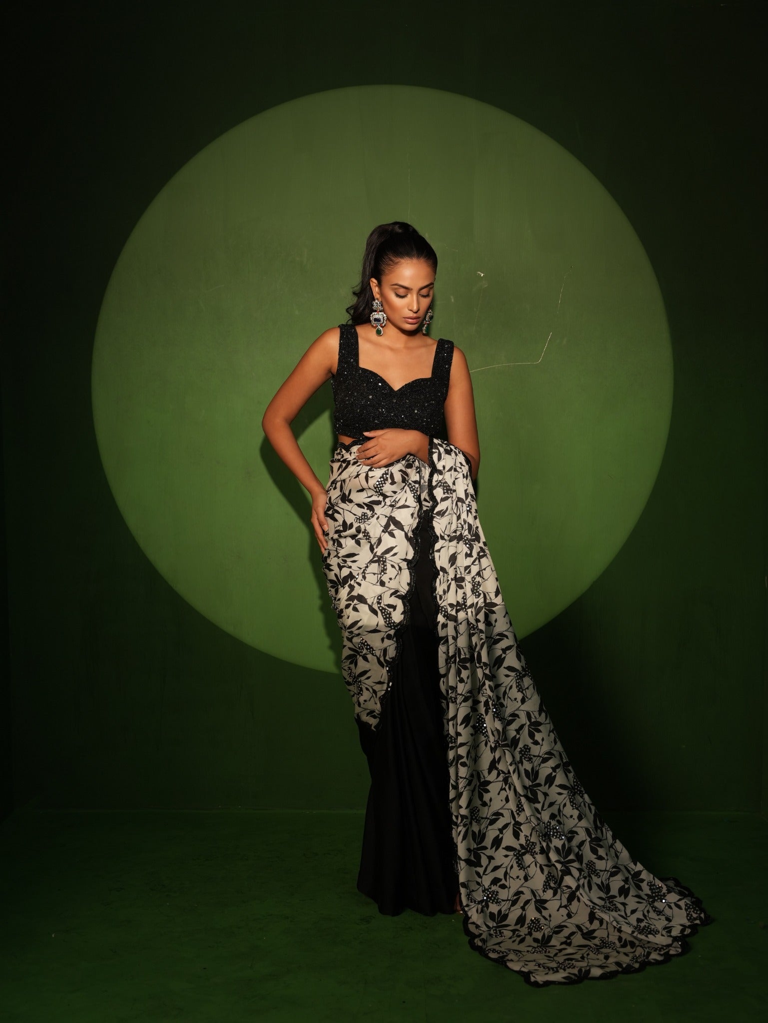 Monochrome Printed Georgette Satin Saree draped look