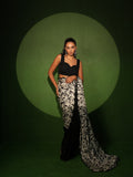 Monochrome Printed Georgette Satin Saree Set full look