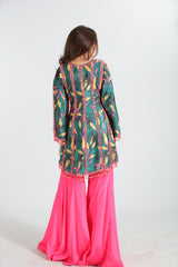 Meher  Green and pink Printed Crepe Silk Set