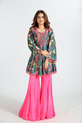 Meher  Green and pink Printed Crepe Silk Set
