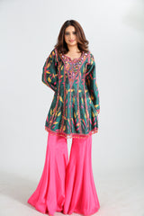 Meher  Green and pink Printed Crepe Silk Set