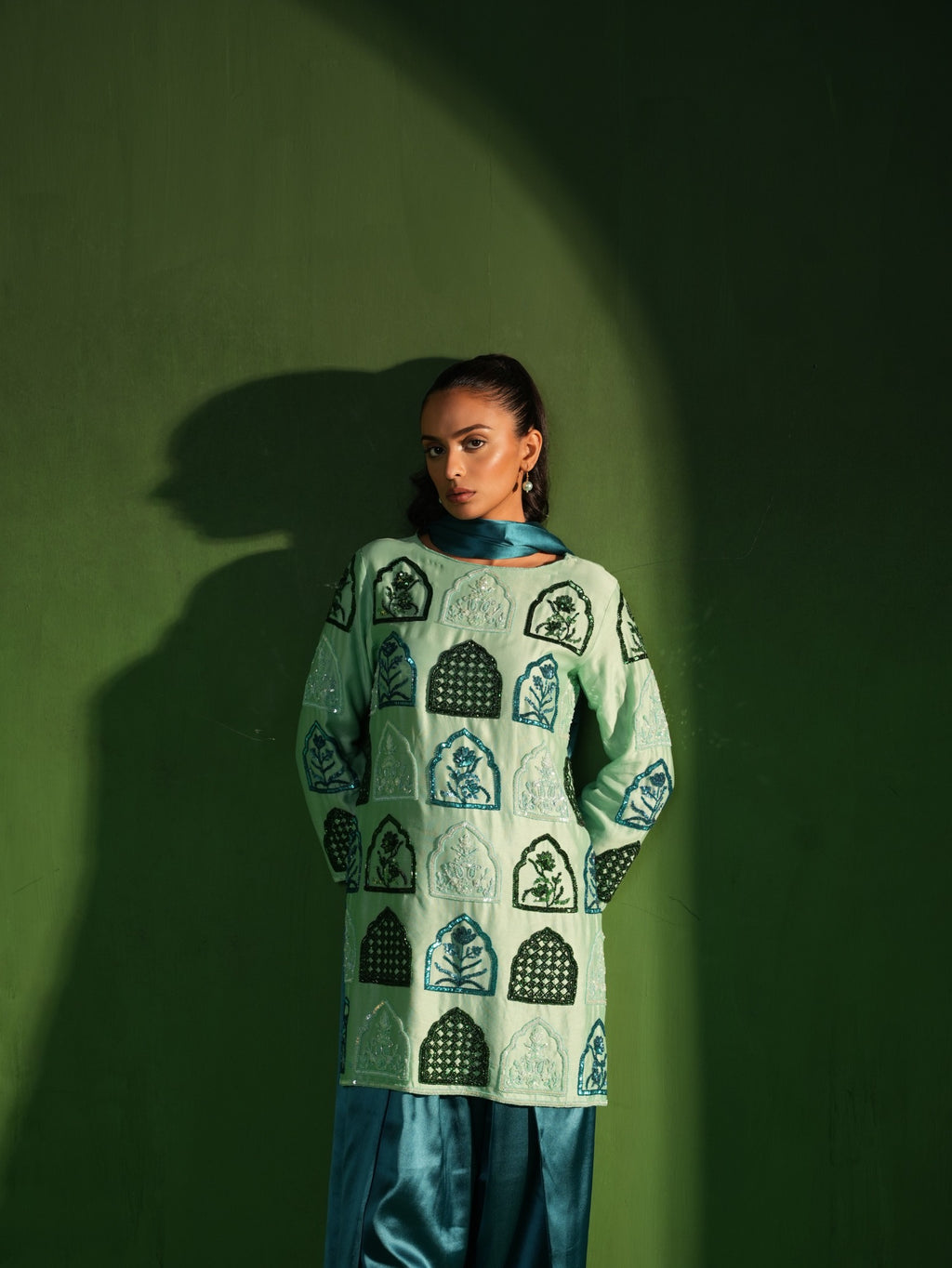 Pistachio and Teal Hand Embroidered Salwar Set