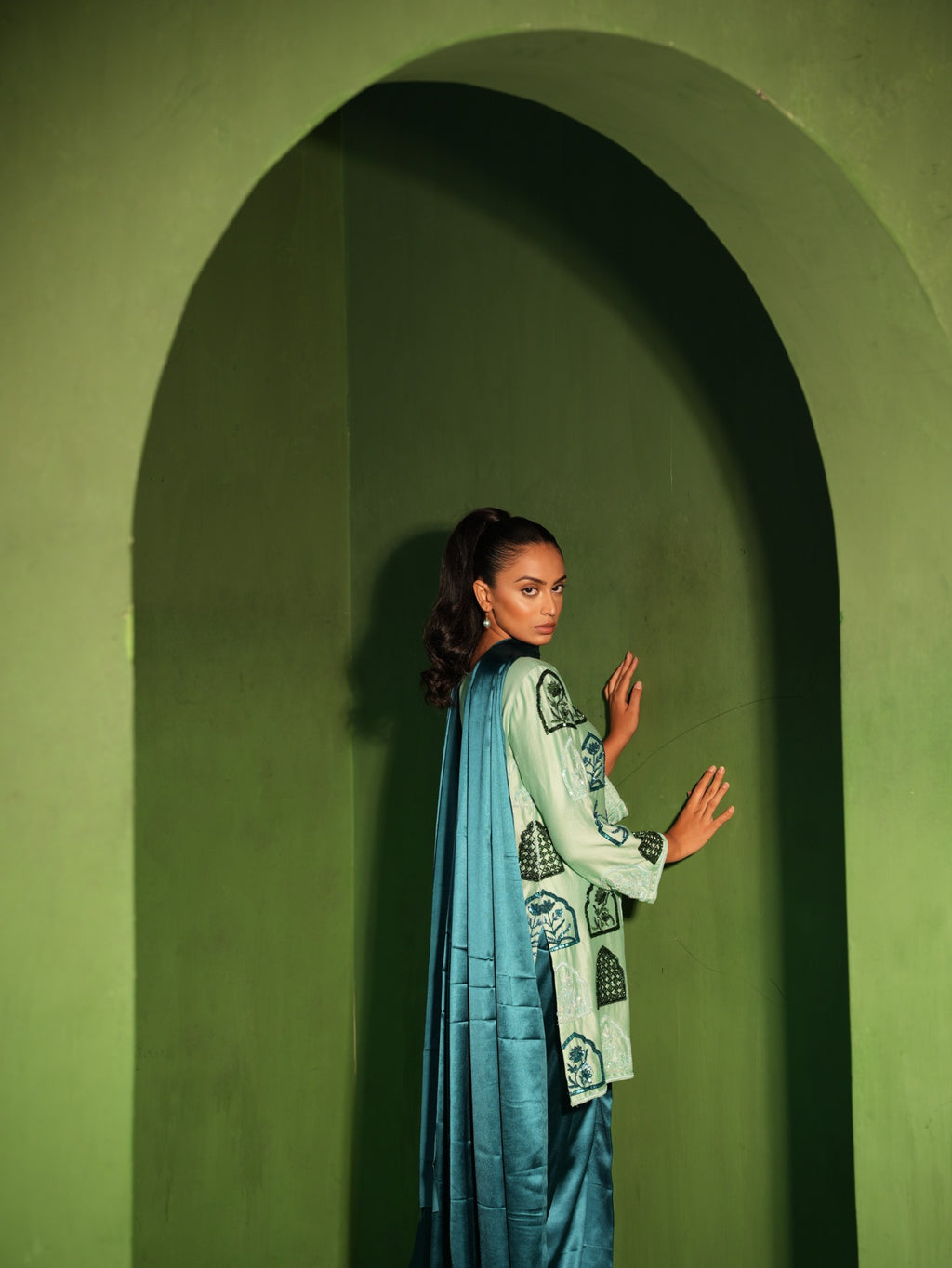 Pistachio and Teal Hand Embroidered Salwar Set - view 2