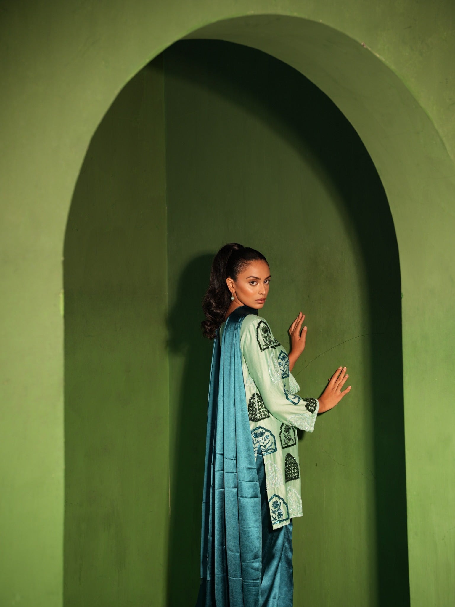 Pistachio and Teal Hand Embroidered Salwar Set - view 2