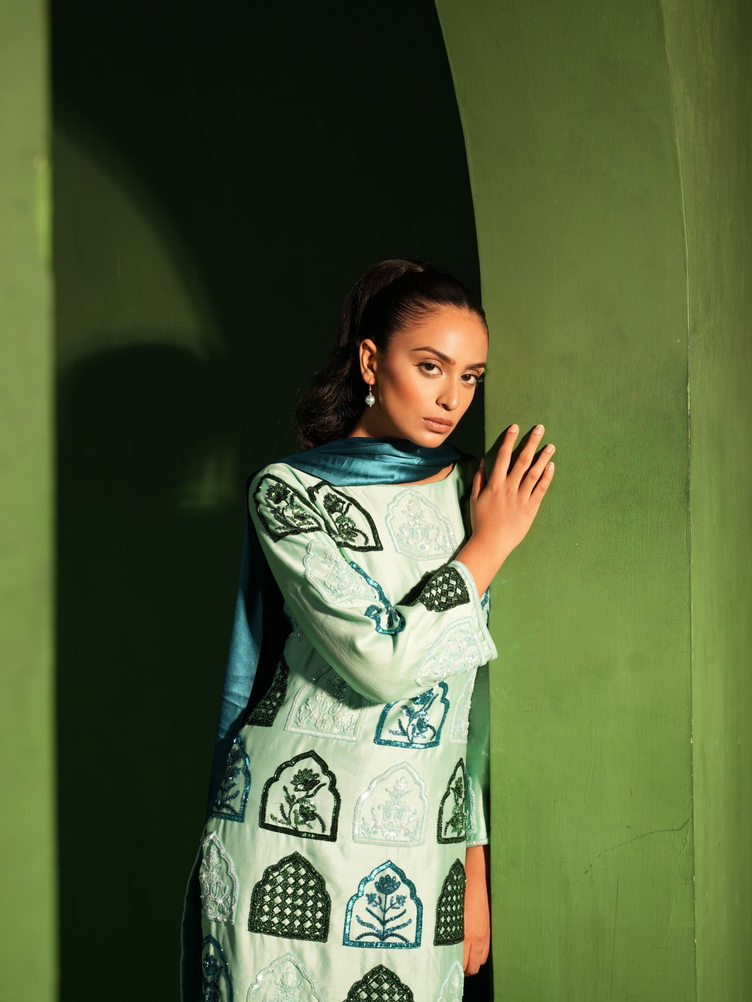 Pistachio and Teal Hand Embroidered Salwar Set - view 3