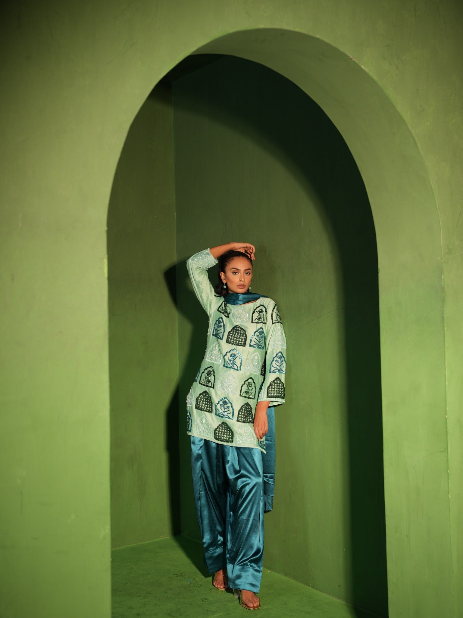 Pistachio and Teal Hand Embroidered Salwar Set - view 4