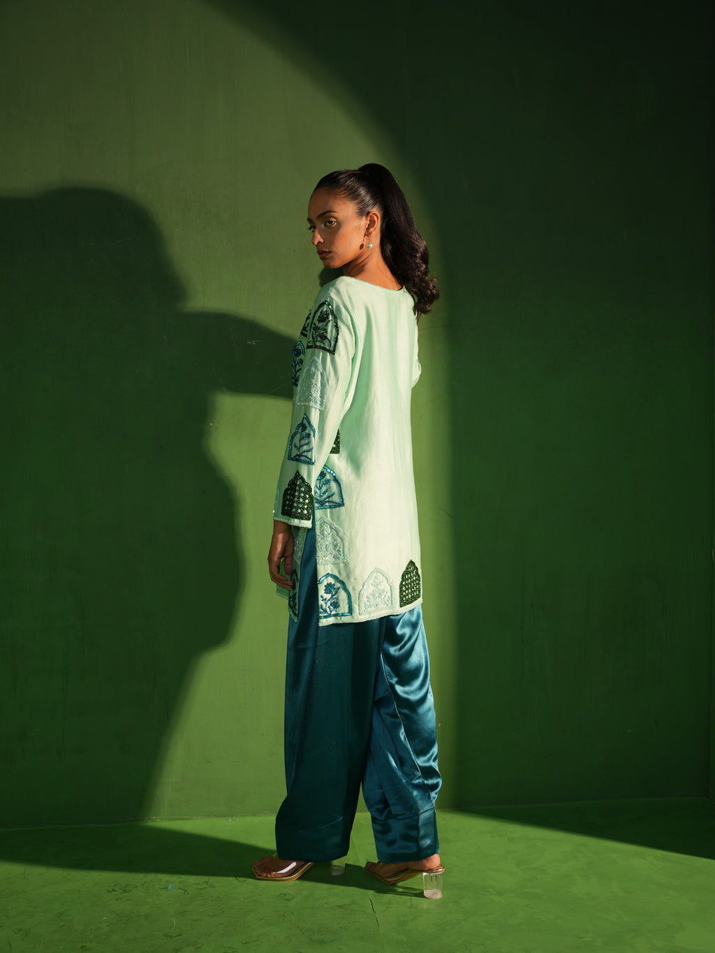 Pistachio and Teal Hand Embroidered Salwar Set - view 5