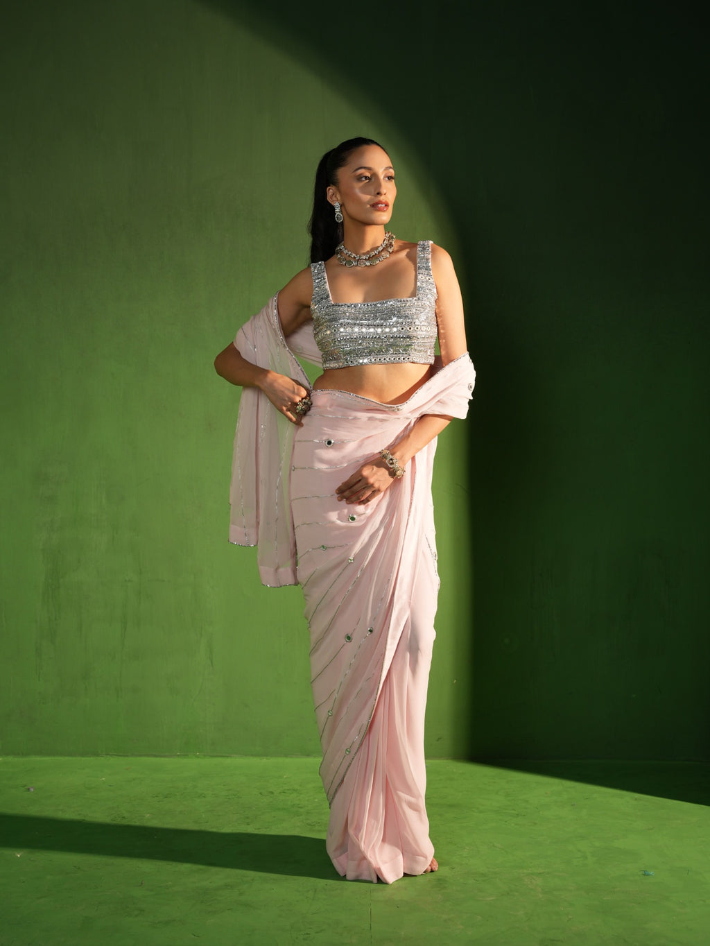 Powder Pink Georgette Hand Embroidered Saree front look