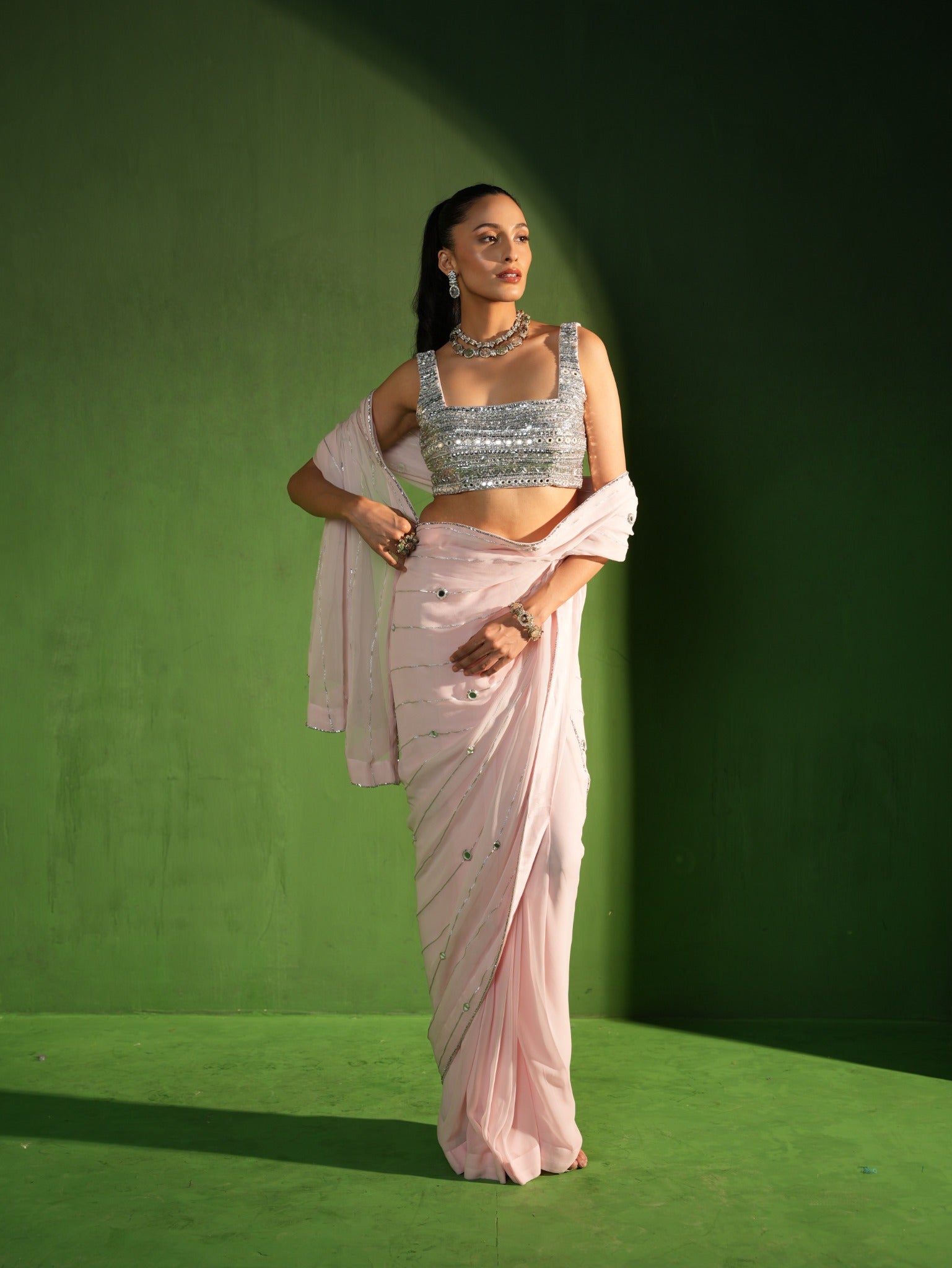 Powder Pink Georgette Hand Embroidered Saree front look