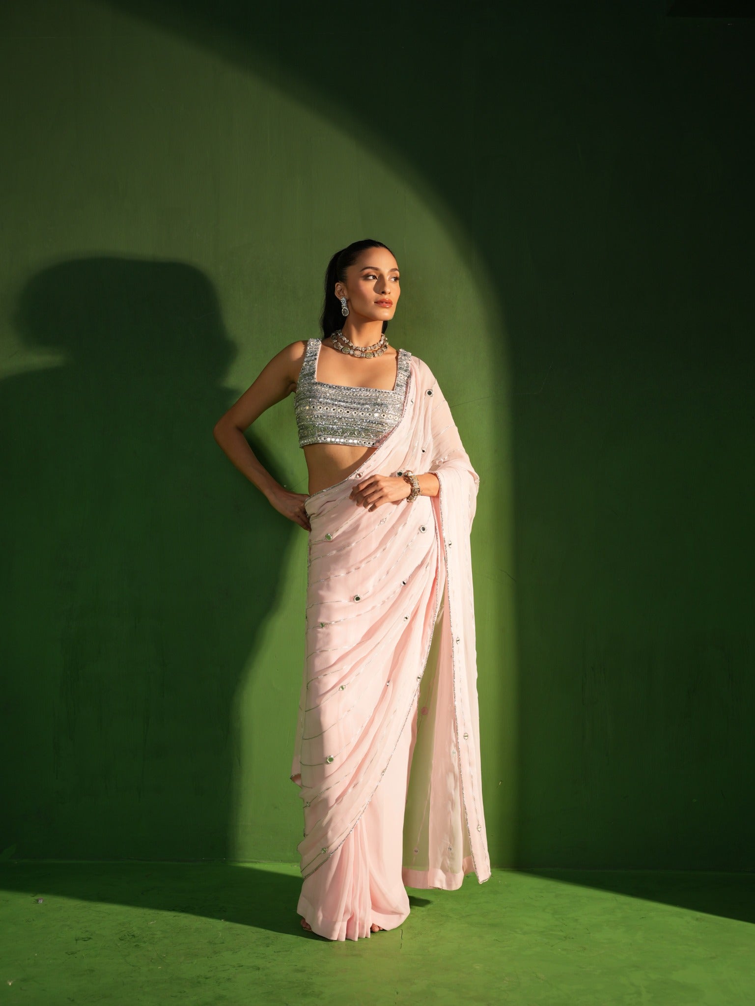 Powder Pink Georgette Hand Embroidered Saree full look