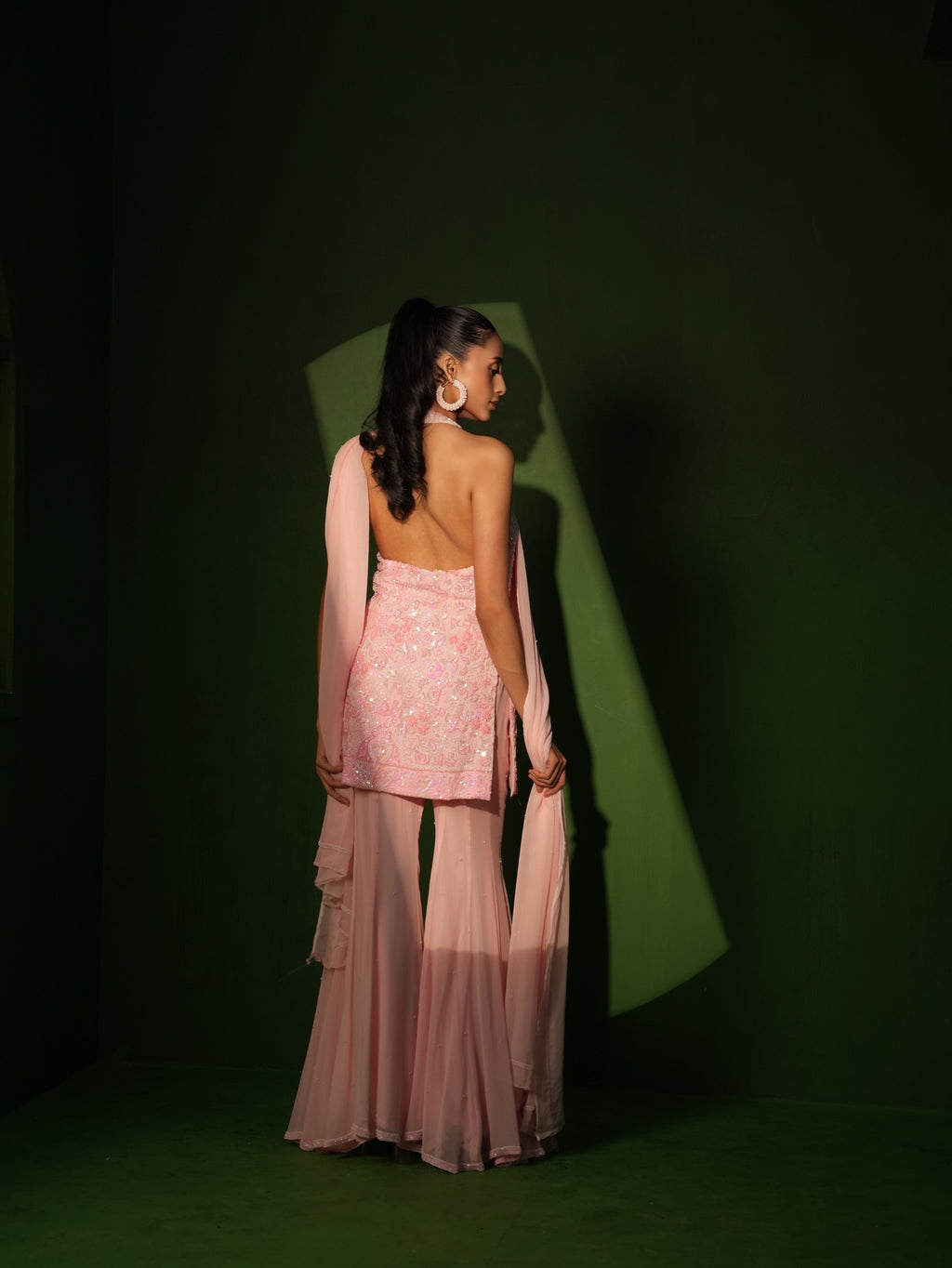 Powder Pink Georgette Hand Embroidered Sharara Set back look