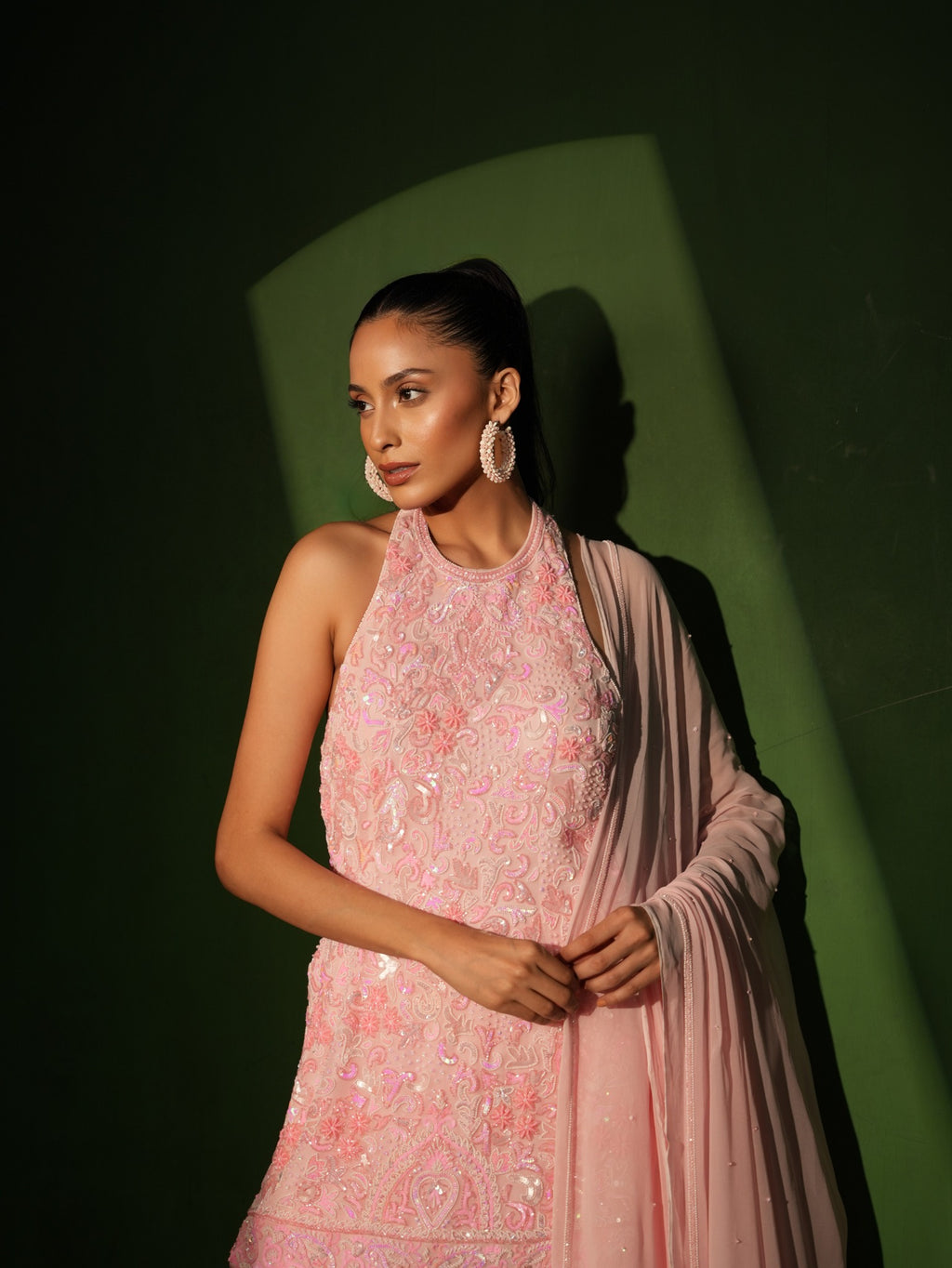 Powder Pink Georgette Hand Embroidered Sharara Set detail