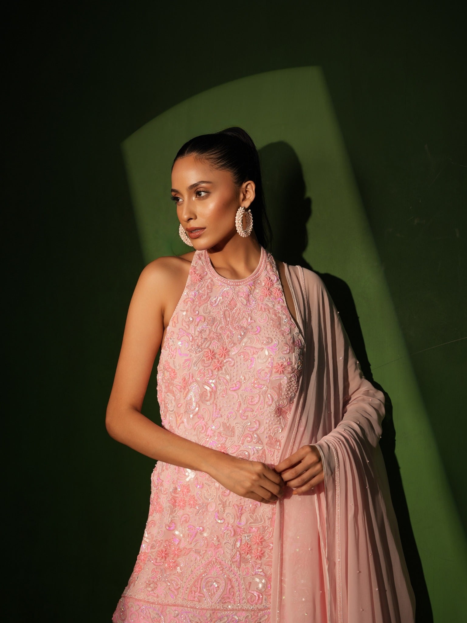 Powder Pink Georgette Hand Embroidered Sharara Set detail