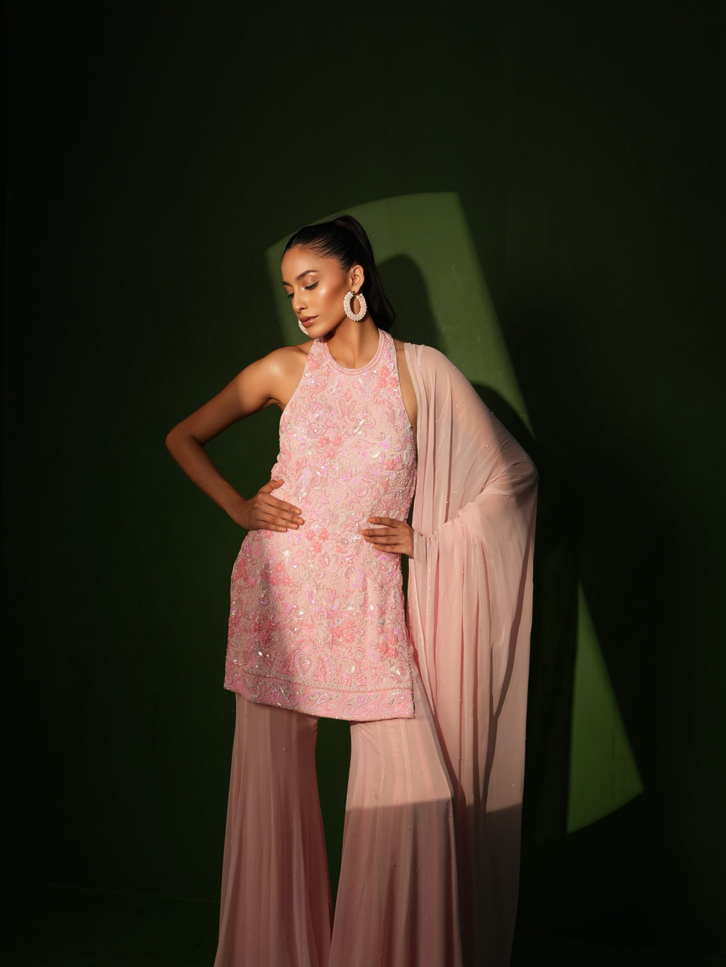 Powder pink hand embroidered halter tunic, sharara and dupatta