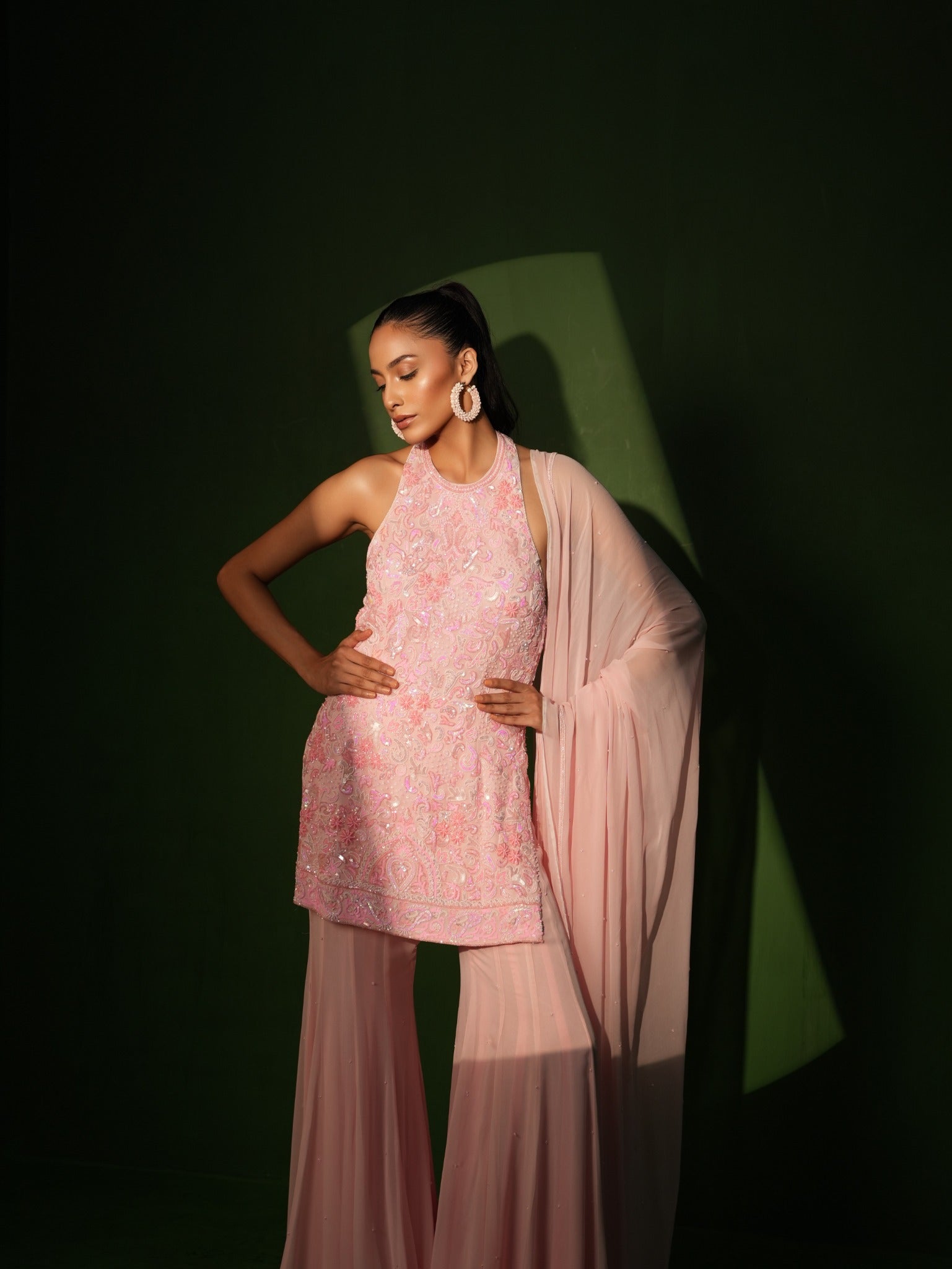 Powder pink hand embroidered halter tunic, sharara and dupatta