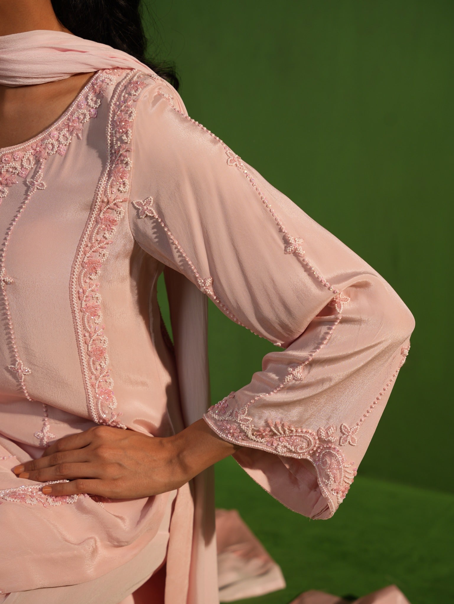 Powder Pink Hand Embroidered Tunic and Balloon Pants Set - Embroidery Detail