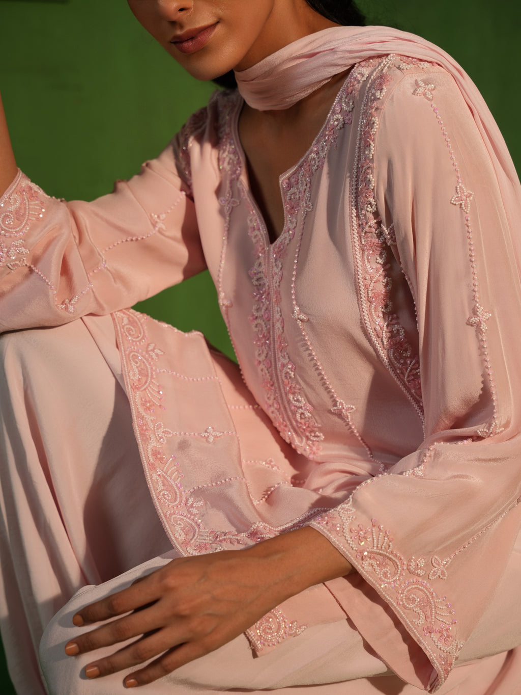 Powder Pink Hand Embroidered Tunic and Balloon Pants Set - Detail