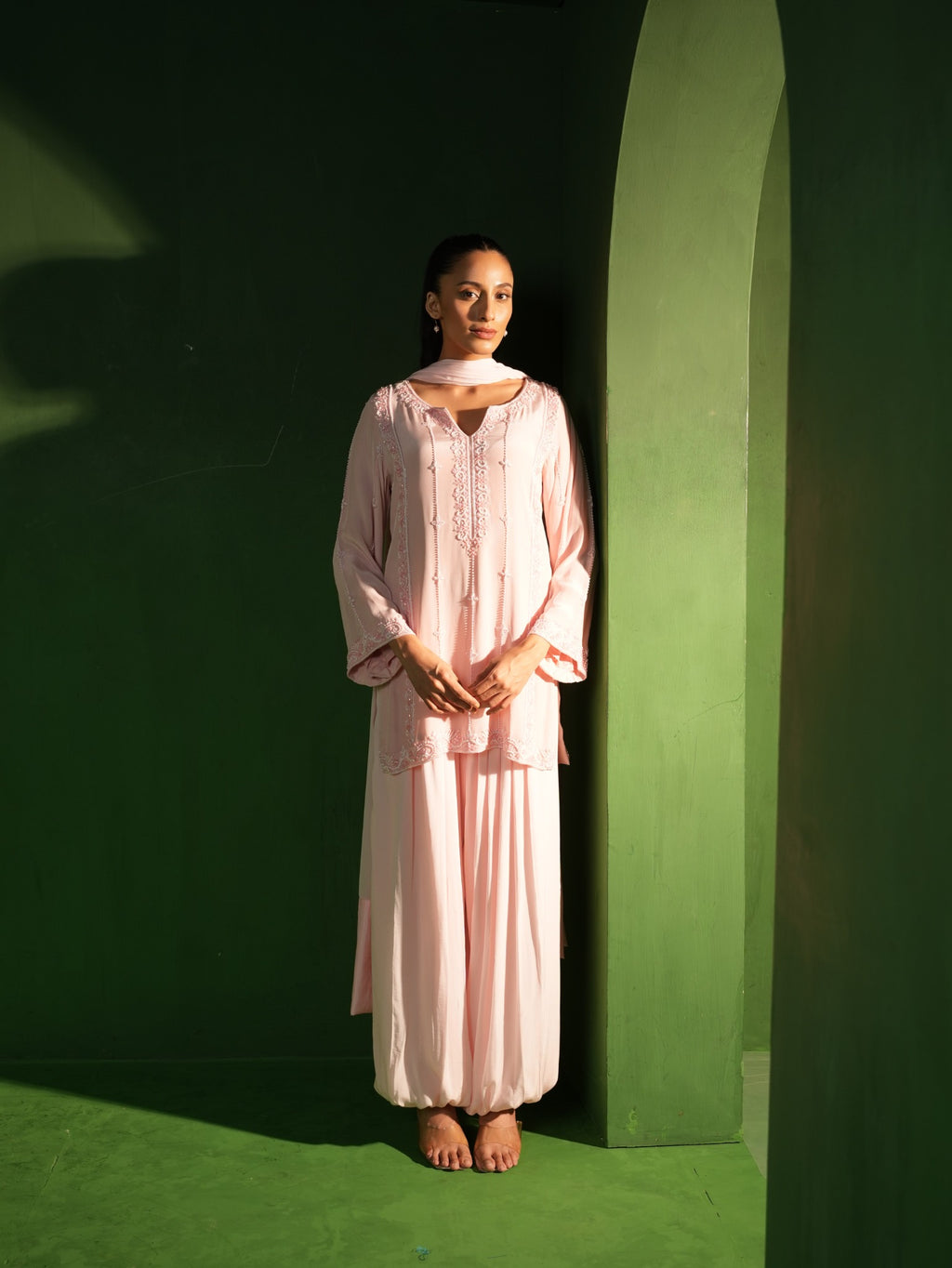 Powder Pink Hand Embroidered Tunic and Balloon Pants Set - Full View