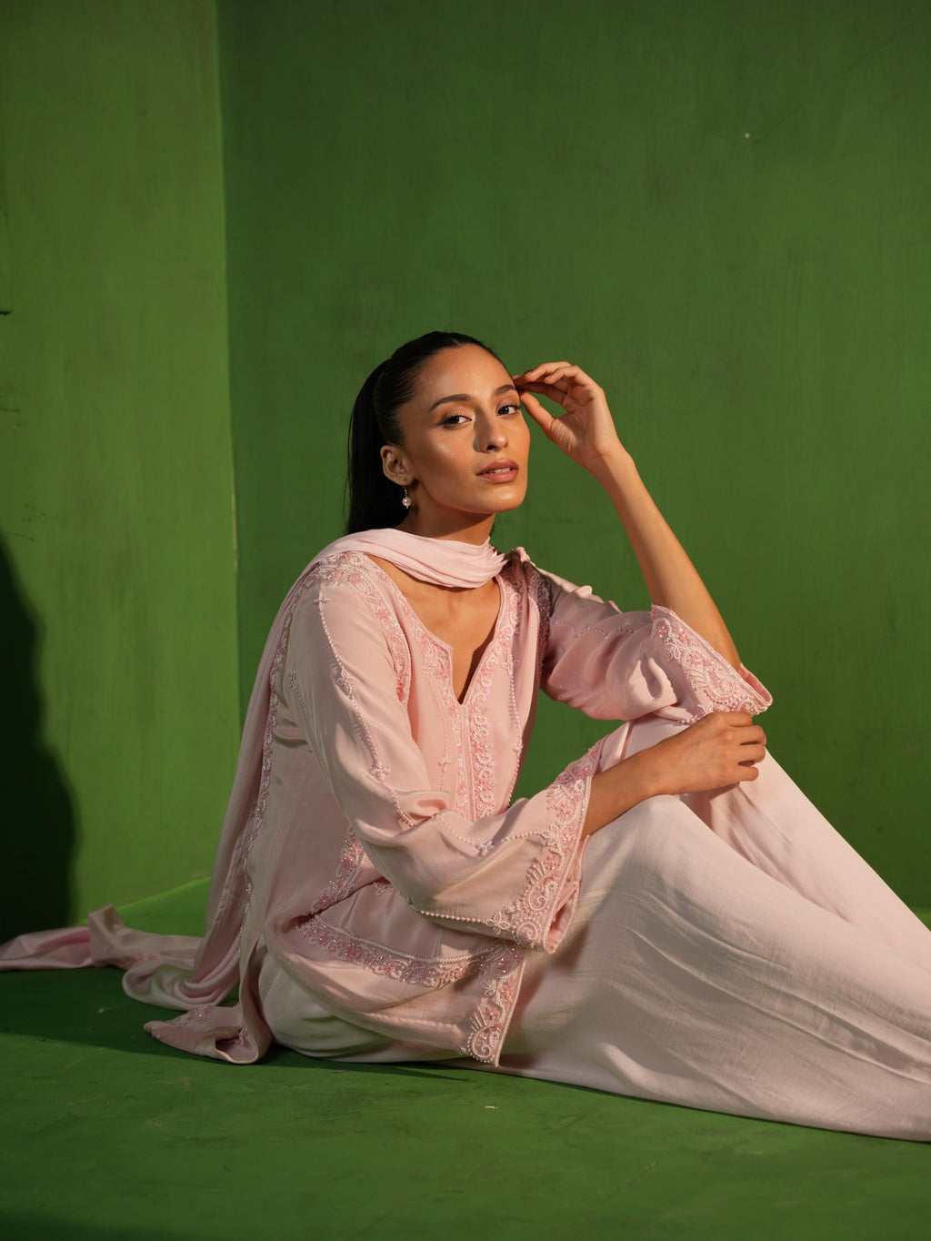 Powder Pink Hand Embroidered Tunic and Balloon Pants Set - Seated View