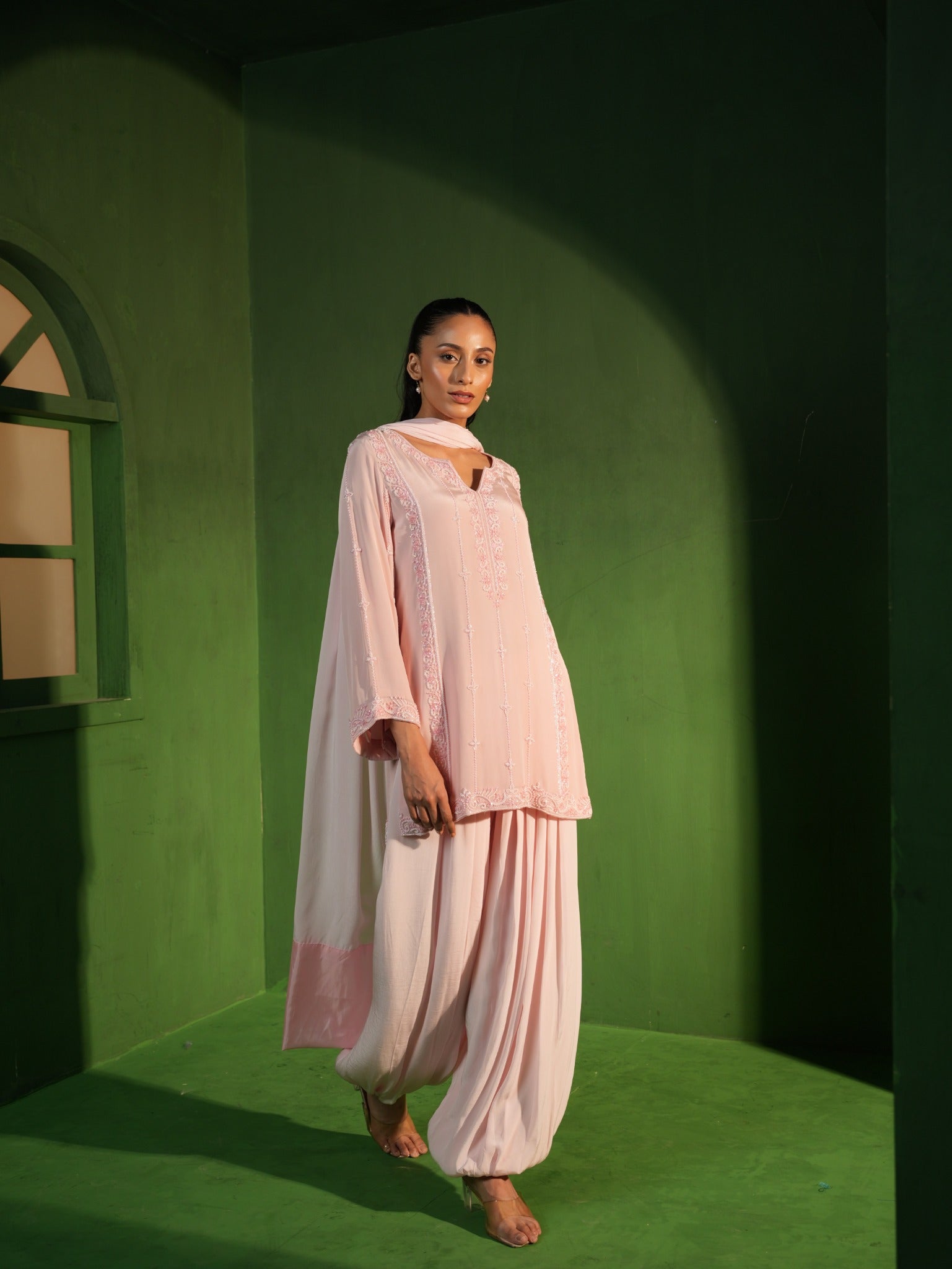 Powder Pink Hand Embroidered Tunic and Balloon Pants Set