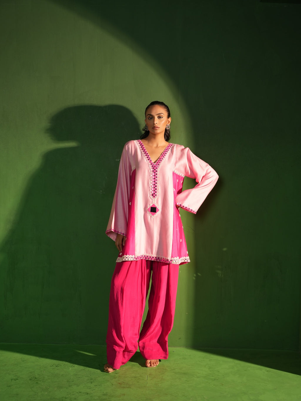 Powder Pink and Raspberry Hand Embroidered Salwar Set - View 2