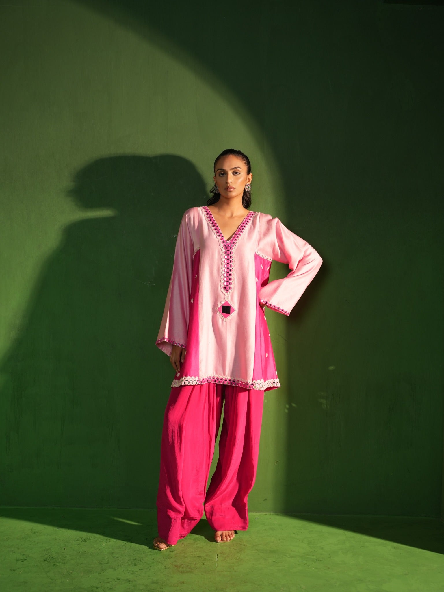 Powder Pink and Raspberry Hand Embroidered Salwar Set - View 2