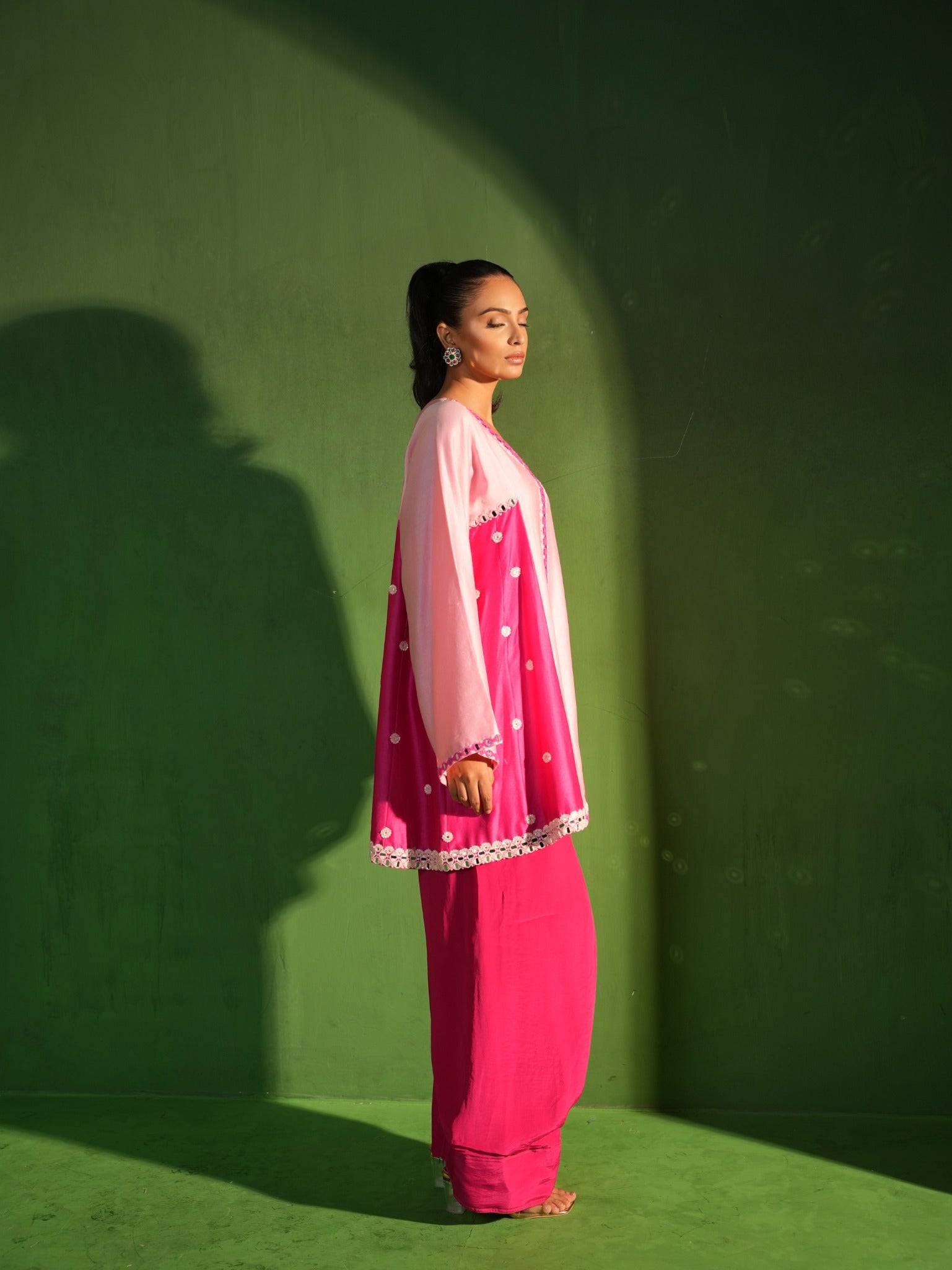 Powder Pink and Raspberry Hand Embroidered Salwar Set - View 3