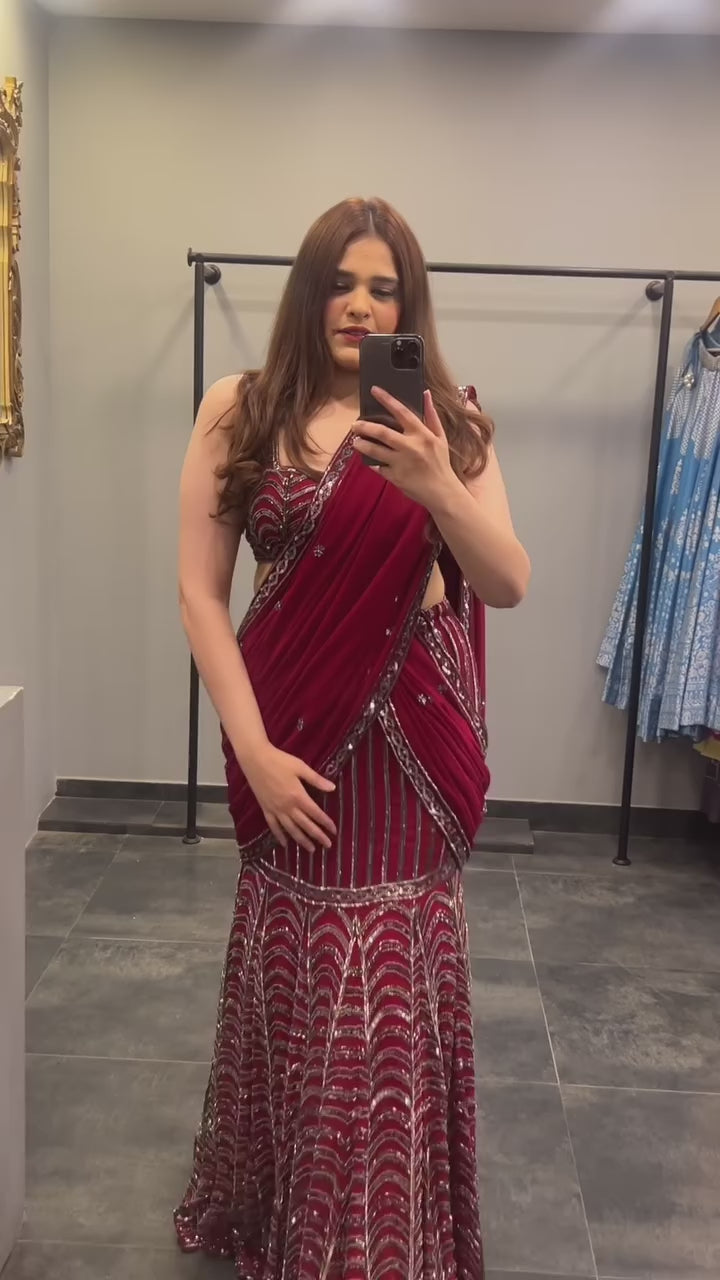 Wine Red Embroidered Lehenga Saree Set
