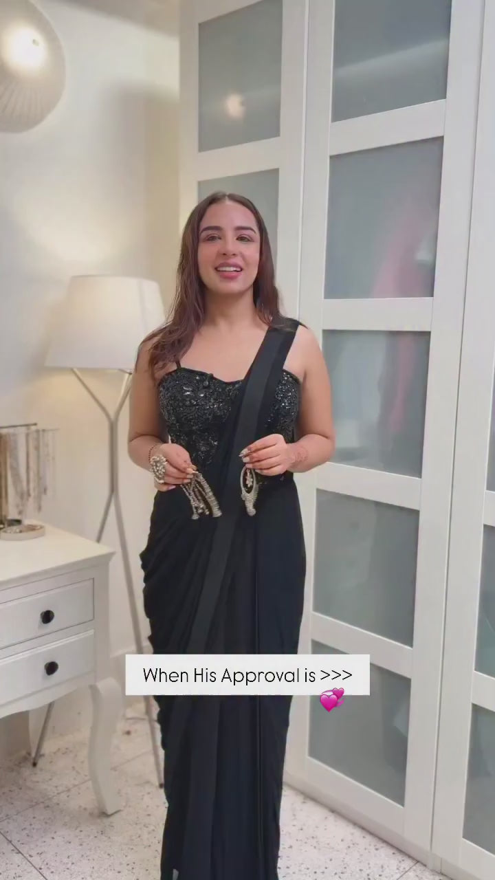 Black Draped Saree with Embroidered Corset