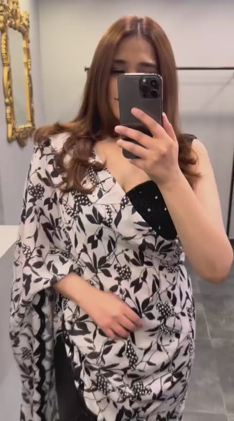 Black & White Printed Draped Saree Set