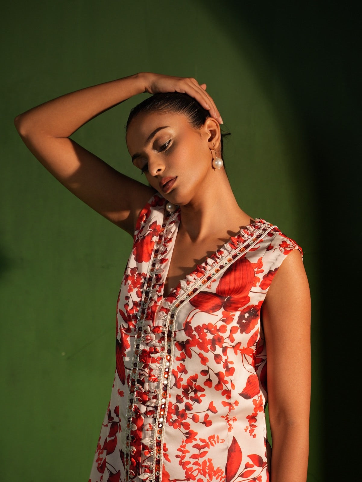 Red and White Floral Salwar Set - view 2
