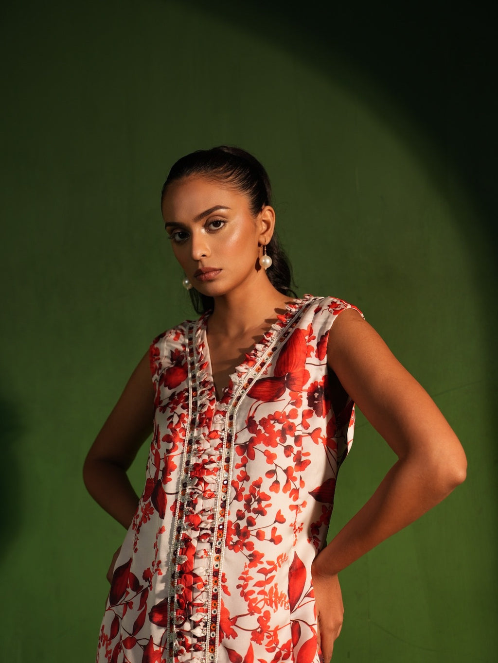 Red and White Floral Salwar Set - view 3