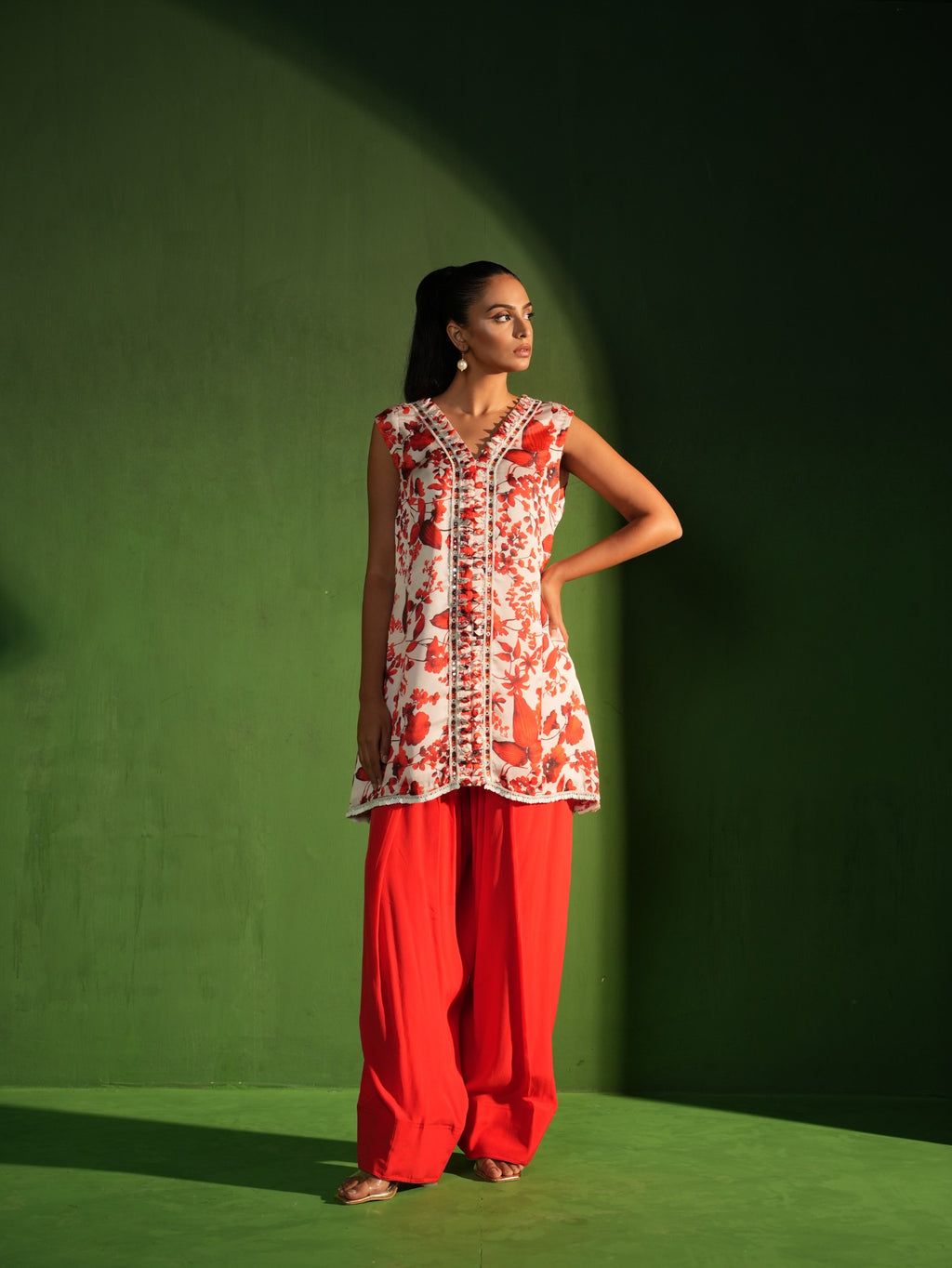Red and White Floral Salwar Set - view 4