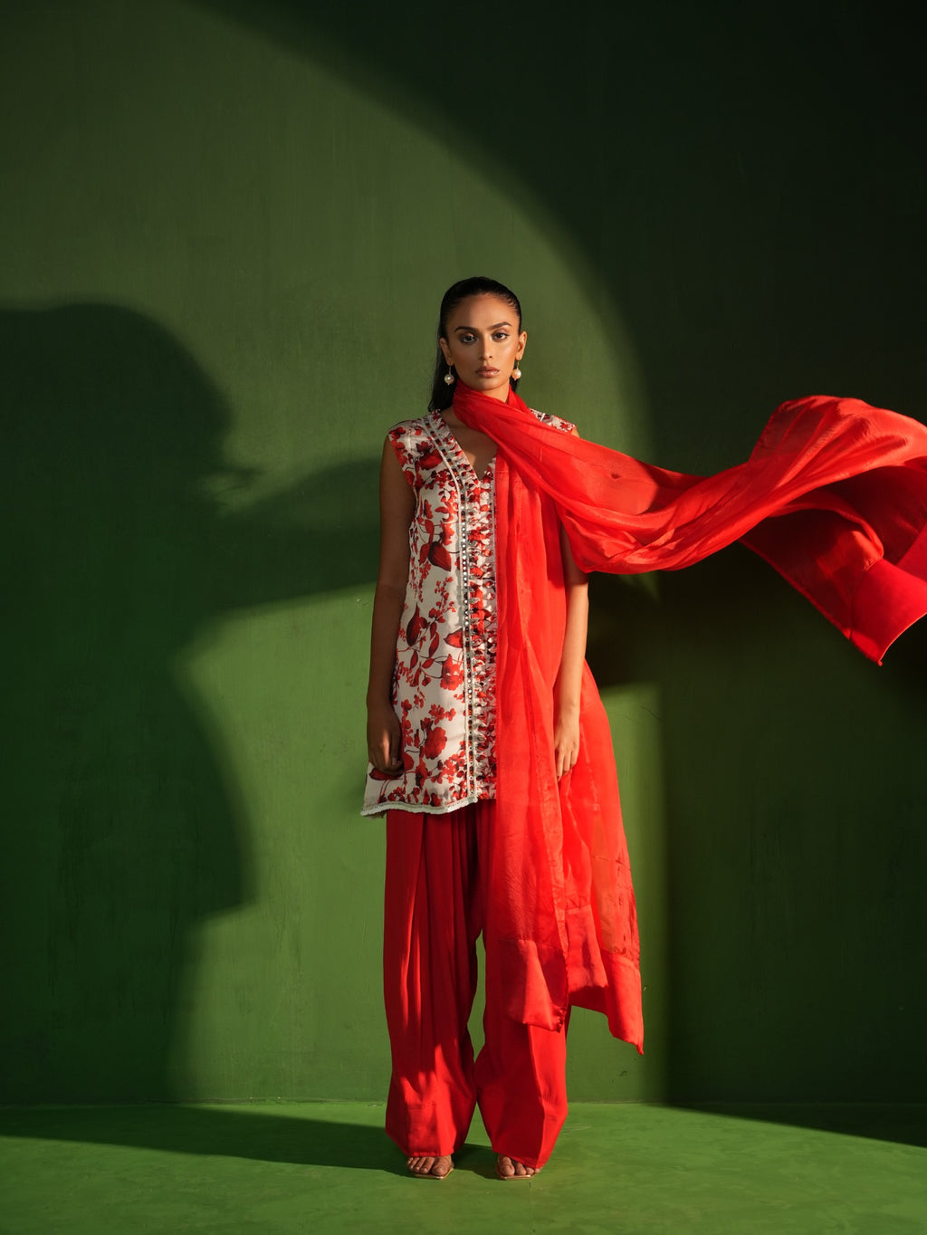 Red and White Floral Salwar Set - view 6