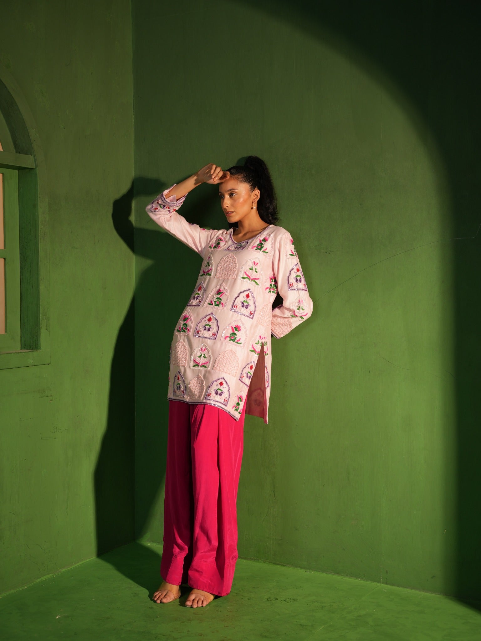 Rose and Fuchsia Hand Embroidered Salwar Set - view 3