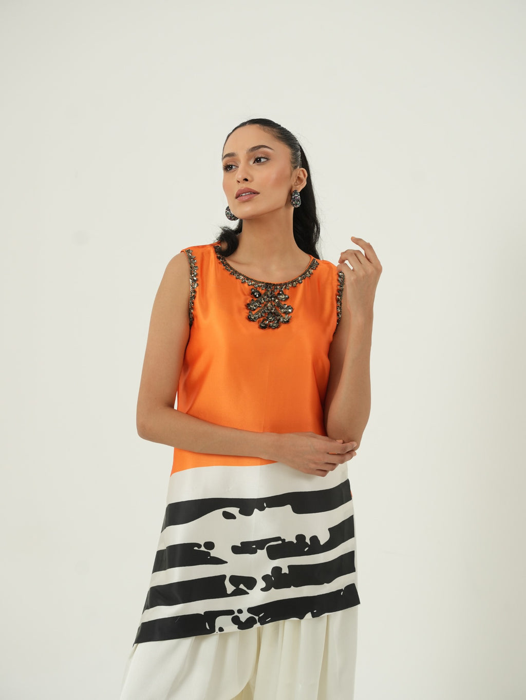 Tangerine satin kurta set hand embroidery detail