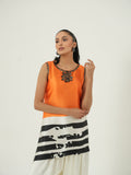 Tangerine satin kurta set hand embroidery detail
