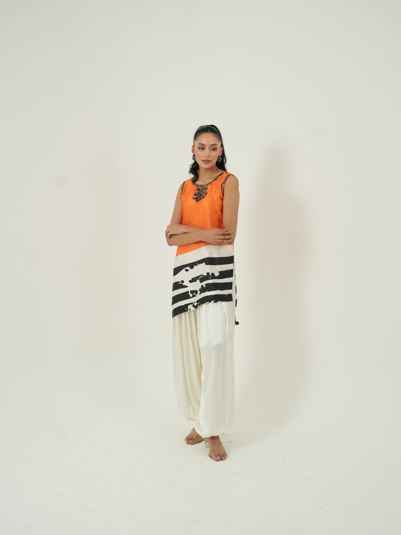 Front look of Tangerine satin kurta set