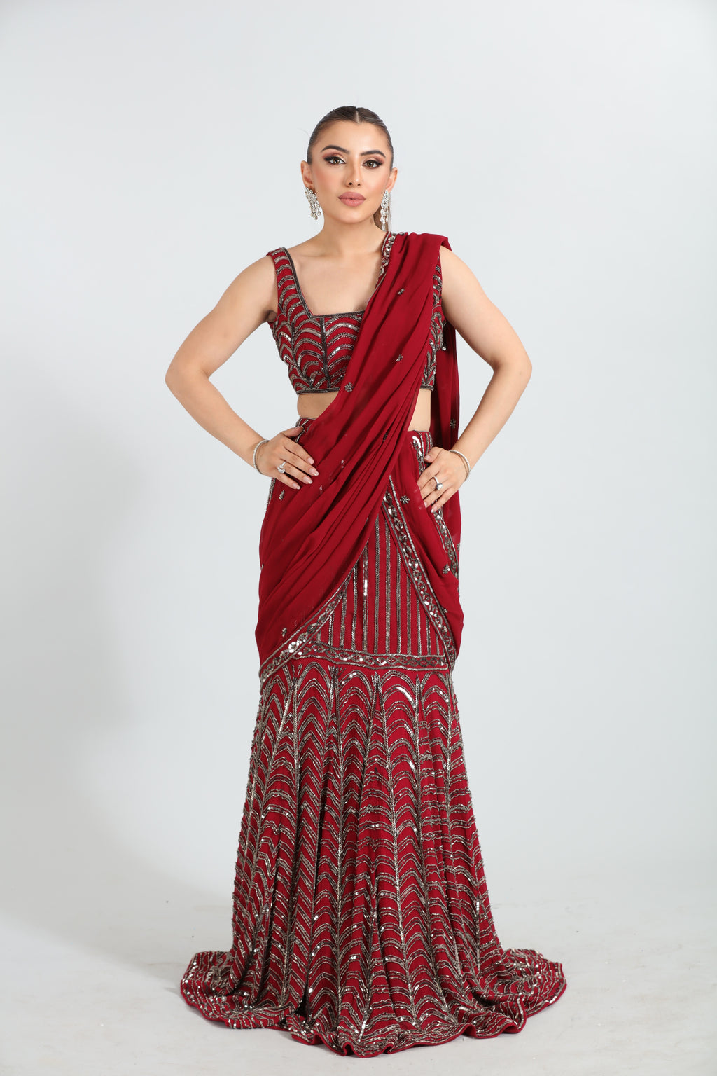 Wine Red Embroidered Lehenga Saree Set