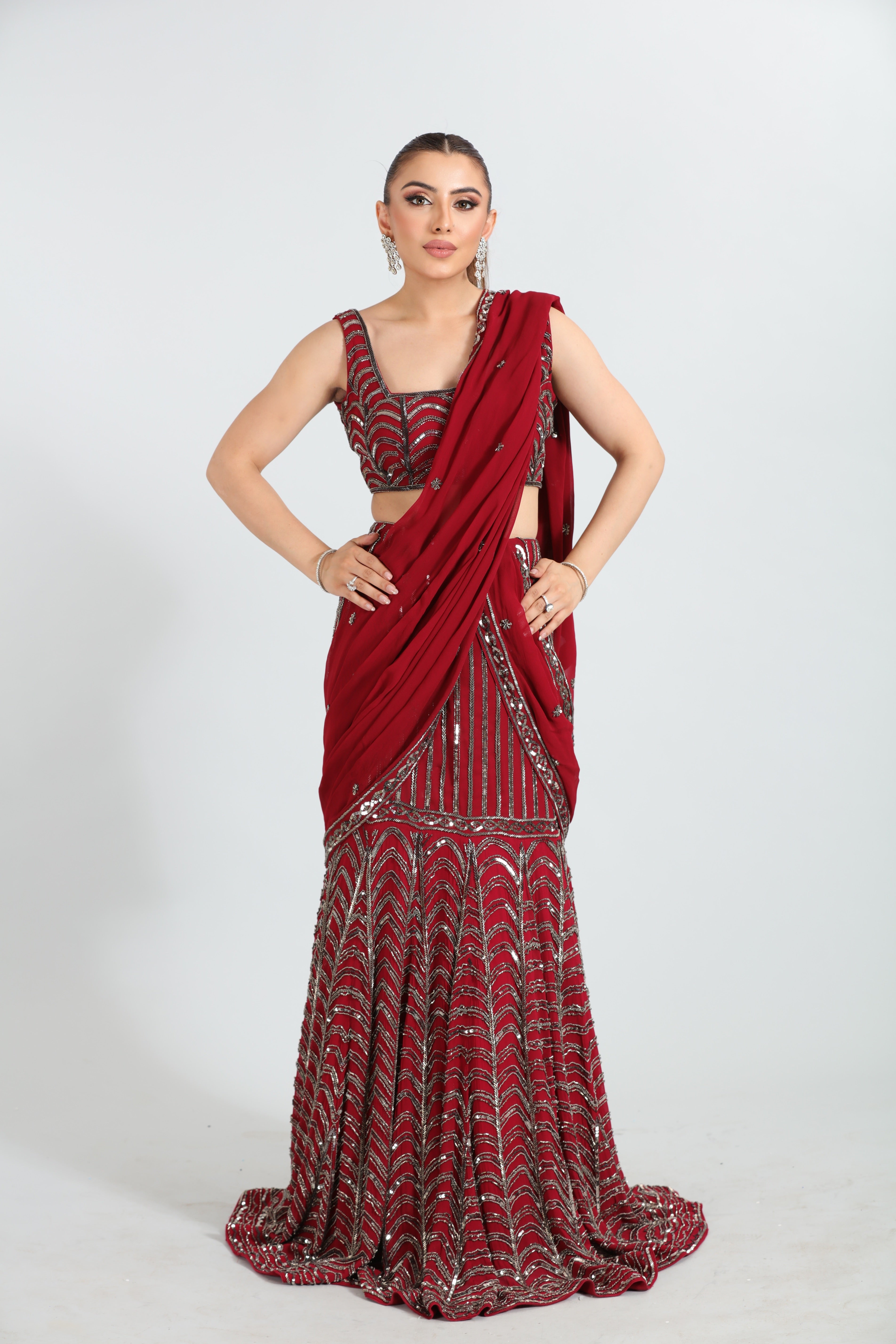 Wine Red Embroidered Lehenga Saree Set