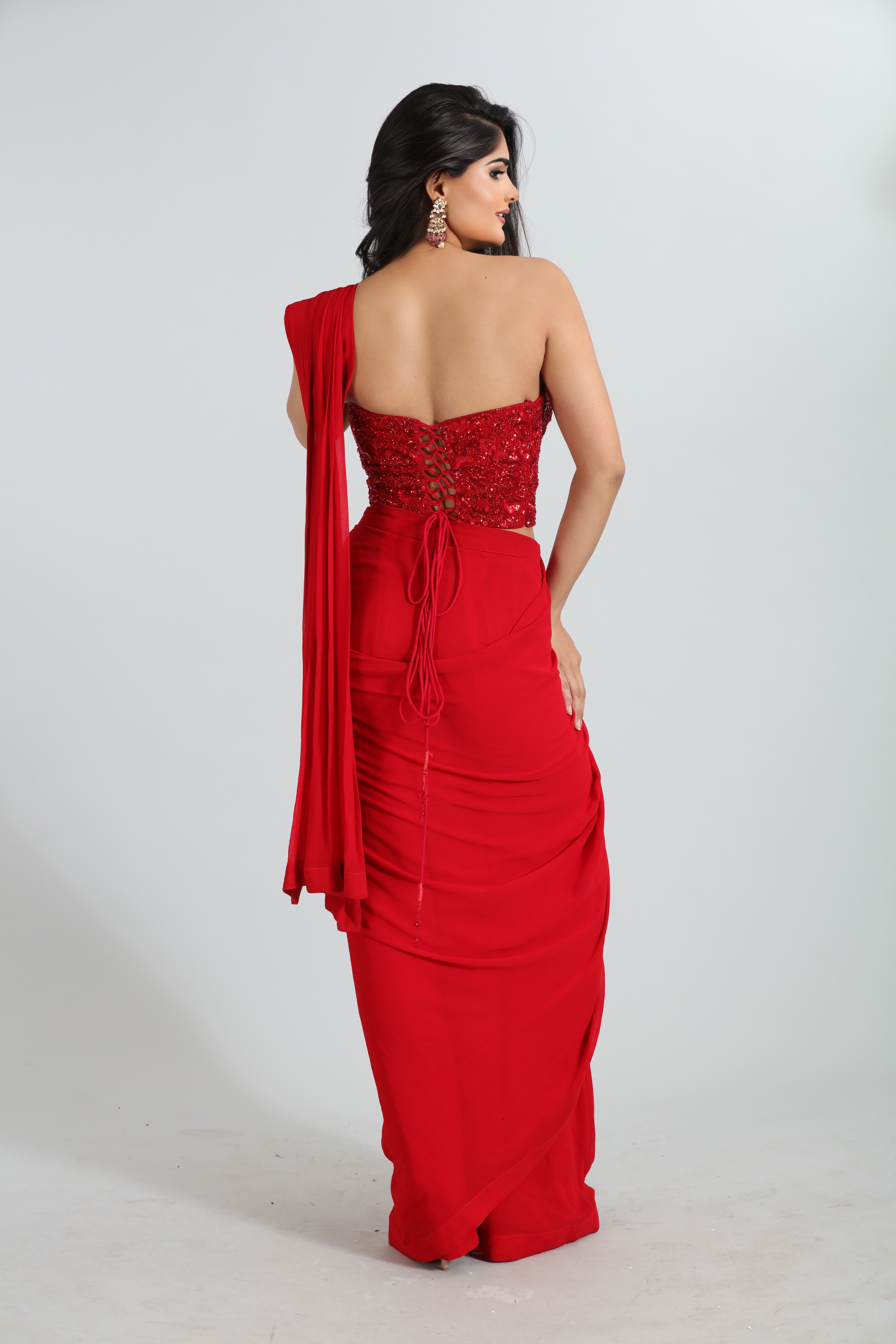 Red Draped Saree with Embroidered Corset