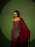 Wine Hand Embroidered Sharara Set tunic and dupatta detail