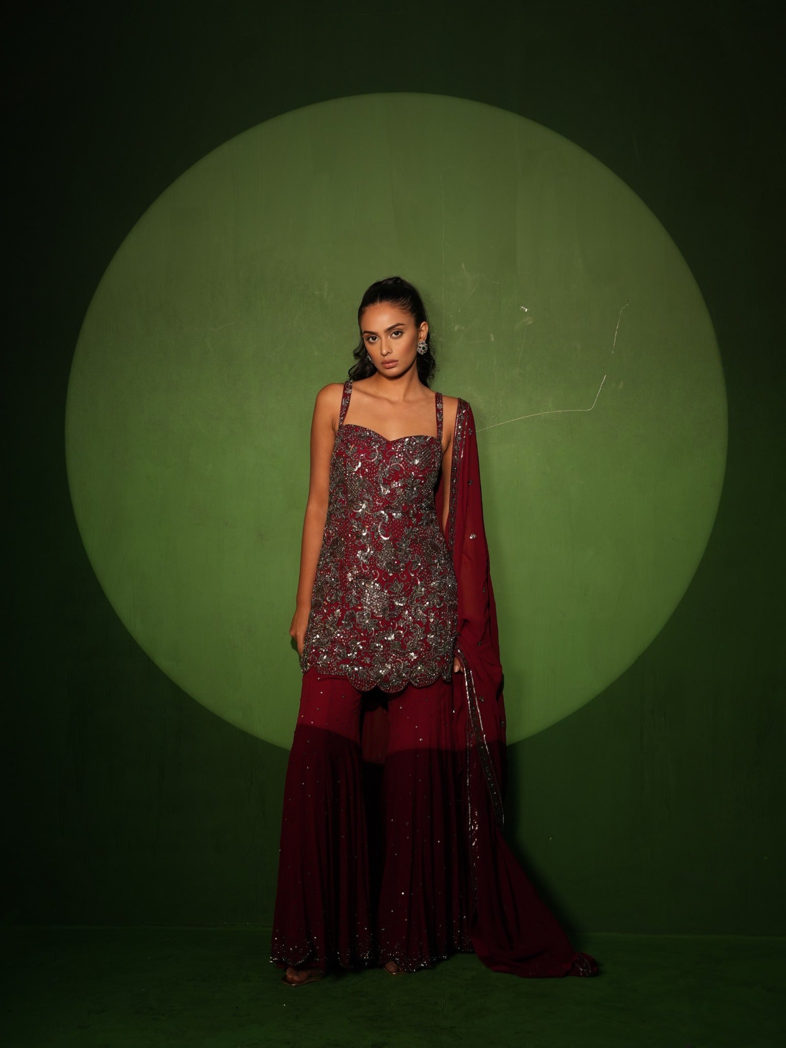 Wine Hand Embroidered Sharara Set full look